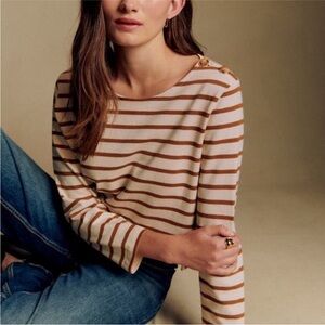 Sezane Striped Long Sleeve Top - Cream and Brown